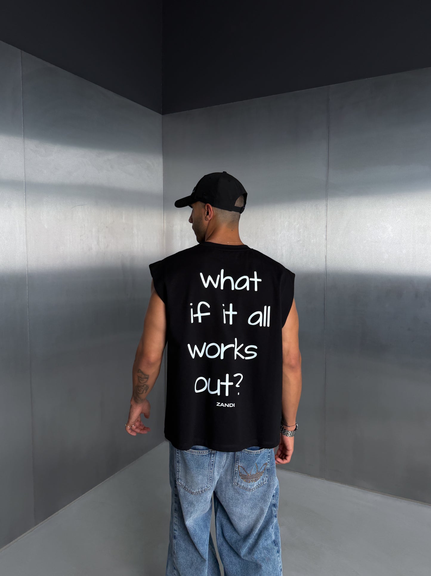 Black Sleeveless Tee "what if it all works out?"